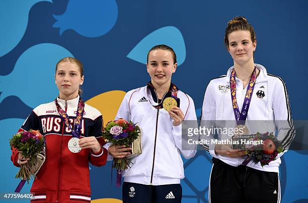 Silver medalist Anna Chuinyshena of Russia, gold medalist Lois Toulson of Great Britain and bronze medalist Elena Wassen of Germany pose with the...