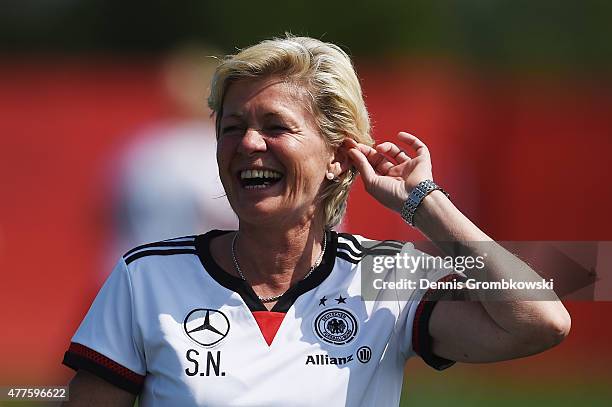 Head coach Silvia Neid of Germany reacts during a training session at Wesley Clover Park on June 18, 2015 in Ottawa, Canada.