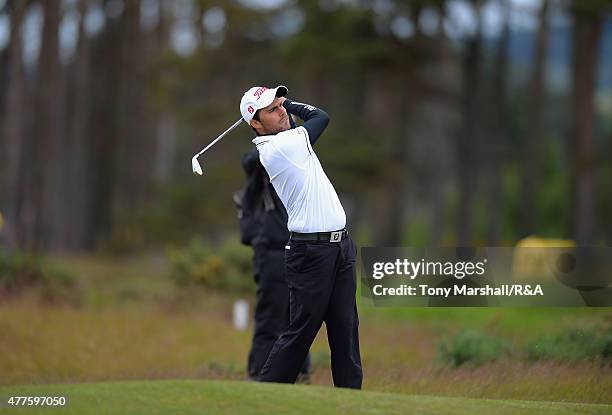 Romain Langasque of France plays shot his second on the 14th fairway during The Amateur Championship 2015 - Day Four at Carnoustie Golf Club on June...