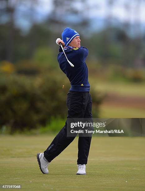 Adam Blomme of Sweden plays his first shot on the 15th tee during The Amateur Championship 2015 - Day Four at Carnoustie Golf Club on June 18, 2015...