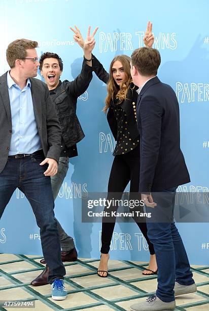 Author John Green, Nat Wolff, Cara Delevingne and director Jake Schreier attend the "Paper Towns" Photocall at Claridges Hotel on June 18, 2015 in...