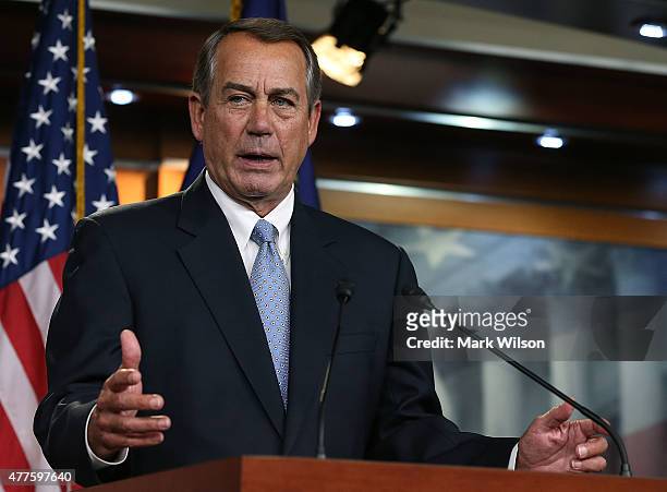 House Speaker John Boehner speaks to the media during his weekly news conference on Capitol Hill June 18, 2015 in Washington, DC. Speaker Boehner...
