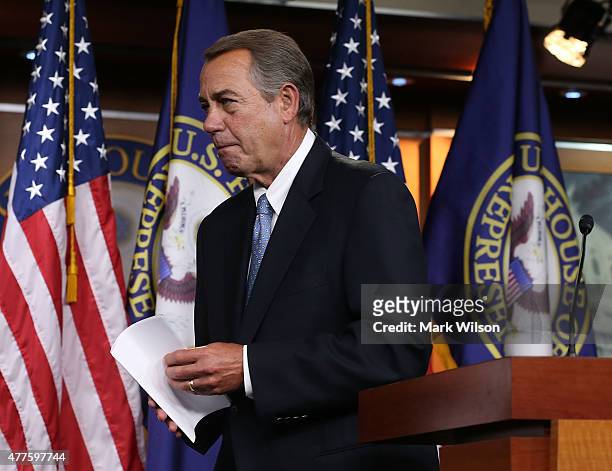 House Speaker John Boehner walks away after speaking to the media during his weekly news conference on Capitol Hill June 18, 2015 in Washington, DC....
