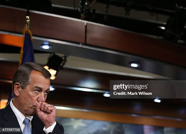 House Speaker John Boehner speaks to the media during his weekly news conference on Capitol Hill June 18, 2015 in Washington, DC. Speaker Boehner...