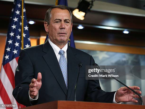 House Speaker John Boehner speaks to the media during his weekly news conference on Capitol Hill June 18, 2015 in Washington, DC. Speaker Boehner...