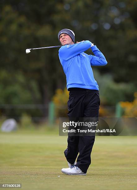 Jack McDonald of Kilmarnock plays his first shot on the 13th tee during The Amateur Championship 2015 - Day Four at Carnoustie Golf Club on June 18,...