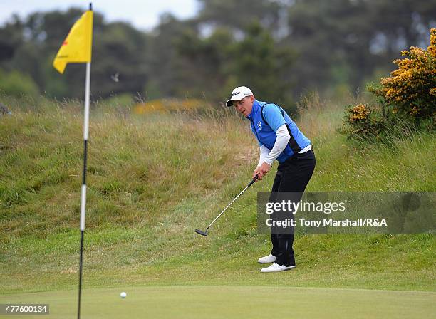 Grant Forrest of Craigielaw chips onto the 12th green during The Amateur Championship 2015 - Day Four at Carnoustie Golf Club on June 18, 2015 in...