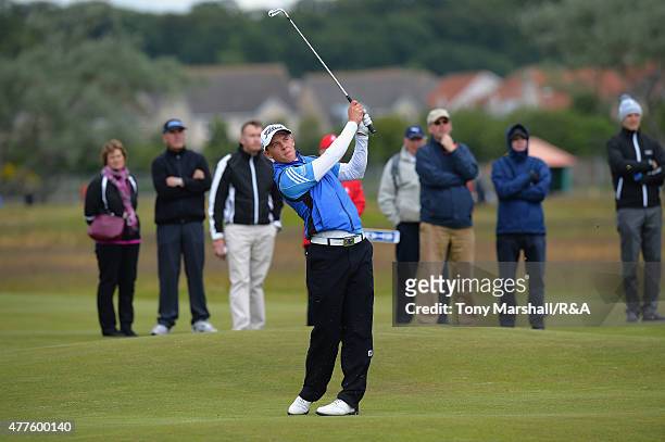 Grant Forrest of Craigielaw plays his second shot on the 12th fairway during The Amateur Championship 2015 - Day Four at Carnoustie Golf Club on June...