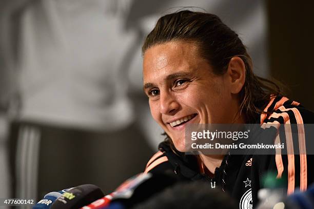 Nadine Angerer of Germany faces the media during a press conference at The Westin Hotel on June 18, 2015 in Ottawa, Canada.
