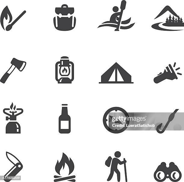 illustrazioni stock, clip art, cartoni animati e icone di tendenza di icone campeggio advanture silhouette - camping icons