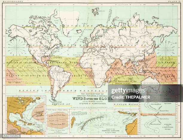 winds - map of the world 1861 - heat v hurricanes stock illustrations