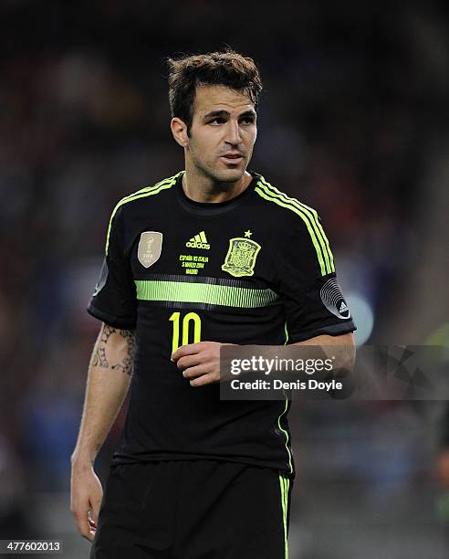 Cesc Fabregas of Spain looks on during the international friendly match between Spain and Italy at estadio Vicente Calderon on March 5, 2014 in...