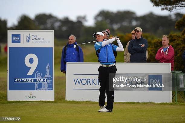 Grant Forrest of Craigielaw plays his first shot on the 9th tee during The Amateur Championship 2015 - Day Four at Carnoustie Golf Club on June 18,...