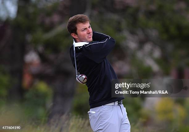 Ashley Chester of Hawkstone park plays his first shot on the 12th tee during The Amateur Championship 2015 - Day Four at Carnoustie Golf Club on June...