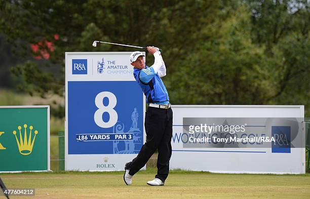 Grant Forrest of Craigielaw plays his first shot on the 8th tee during The Amateur Championship 2015 - Day Four at Carnoustie Golf Club on June 18,...
