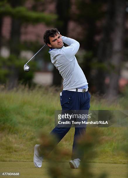 Antoine Rozner of France plays his first shot on the 12th tee during The Amateur Championship 2015 - Day Four at Carnoustie Golf Club on June 18,...