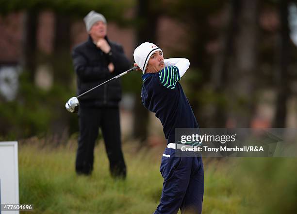 Alexandre Daydou of France plays his first shot on the 12th tee during The Amateur Championship 2015 - Day Four at Carnoustie Golf Club on June 18,...