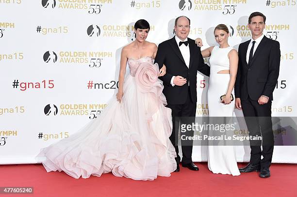 Zoe McLellan, Prince Albert II of Monaco, Elisabeth Harnois and Brian Dietzen attend the closing ceremony of the 55th Monte-Carlo Television Festival...