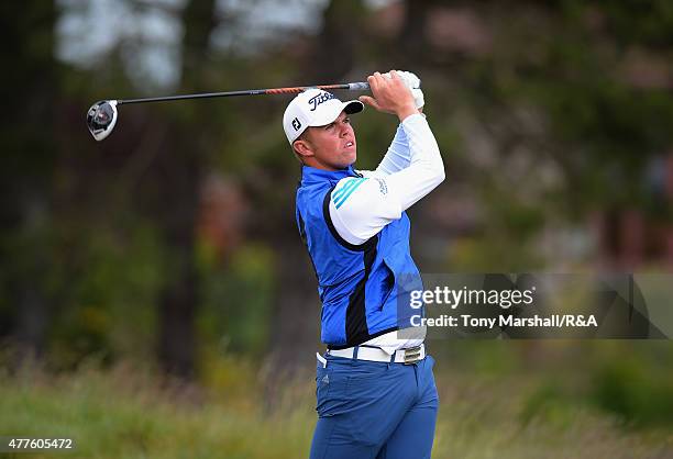 Greig Marchbank of Thornhill of France plays his first shot on the 12th tee during The Amateur Championship 2015 - Day Four at Carnoustie Golf Club...