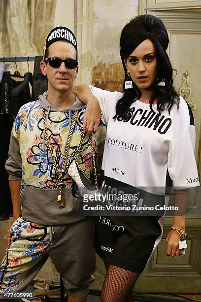 Jeremy Scott and Katy Perry pose backstage prior to the Moschino show during the 88 Pitti Uomo on June 18, 2015 in Florence, Italy.