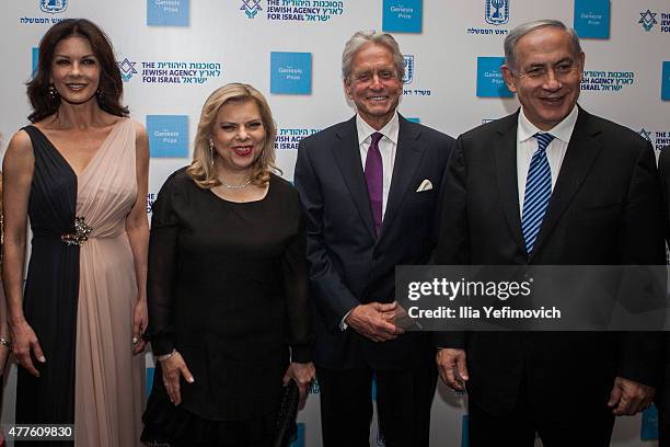 Catherine Zeta Jones, Sarah Netanyahu, Michael Douglas and Israeli Prime Minister Benjamin Netanyahu seen before the Genesis ceremony at The...