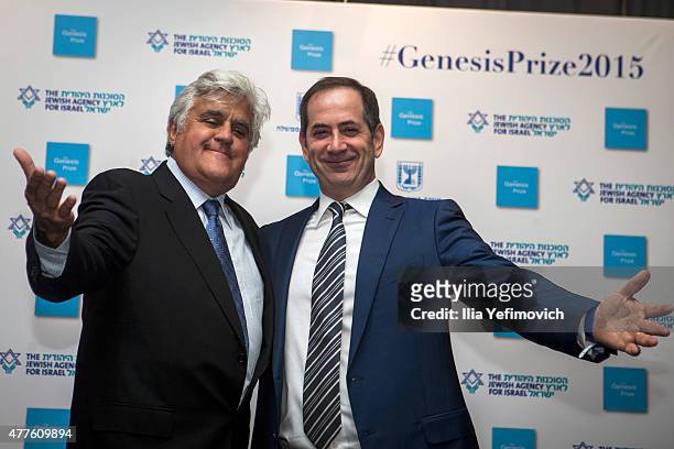Jay Leno and Stan Polovets pose before the second annual Genesis ceremony at The Jerusalem Theater on June 18, 2015 in Jerusalem, Israel.