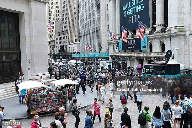 Atmosphere at the Fitbit IPO celebration with Harley Pasternak and Jordana Brewster at New York Stock Exchange on June 18, 2015 in New York City.