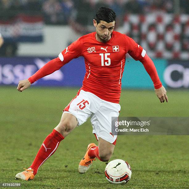 Blerim Dzemaili of Switzerland in action during the international friendly match between Switzerland and Croatia at the AFG Arena on March 5, 2014 in...