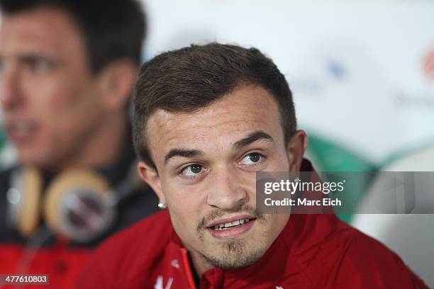 Xherdan Shaqiri of Switzerland looks on prior the international friendly match between Switzerland and Croatia at the AFG Arena on March 5, 2014 in...