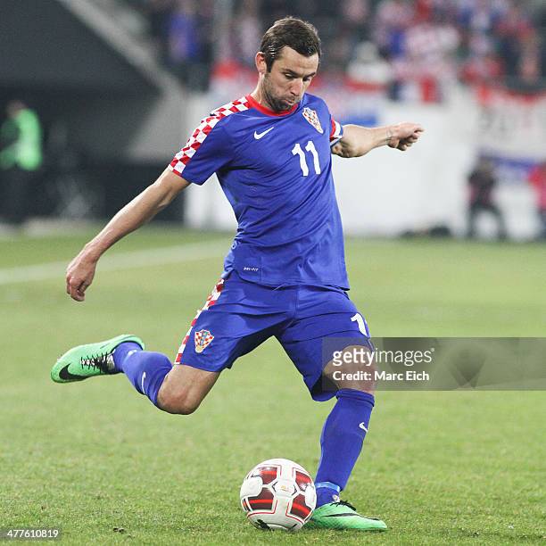 Darijo Srna of Croatia in action during the international friendly match between Switzerland and Croatia at the AFG Arena on March 5, 2014 in St...
