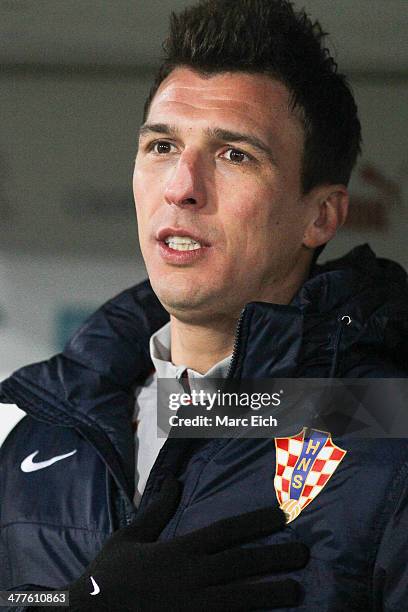 Mario Mandzukic of Croatia of Croatia stands for the national anthem prior the international friendly match between Switzerland and Croatia at the...