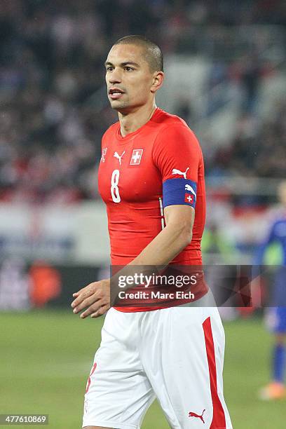 Goekhan Inler of Switzerland looks onduring the international friendly match between Switzerland and Croatia at the AFG Arena on March 5, 2014 in St...