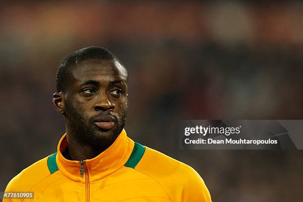 Yaya Toure of Ivory Coast looks on prior to the International Friendly match between Belgium and Ivory Coast at The King Baudouin Stadium on March 5,...