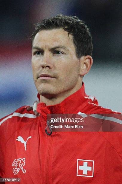 Stephan Lichtsteiner of Switzerland stands for the national anthem prior the international friendly match between Switzerland and Croatia at the AFG...