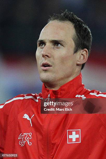 Steve von Bergen of Switzerland stands for the national anthem prior the international friendly match between Switzerland and Croatia at the AFG...