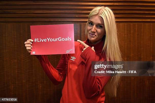 Kaylyn Kyle of Canada shows her support for the #LiveYourGoals campaign at the Coast Coal Harbour Hotel on June 18, 2015 in Vancouver, Canada.