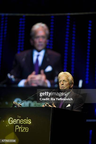 Michael Douglas gives a speech during the Genesis Prize ceremony at The Jerusalem Theater on June 18, 2015 in Jerusalem, Israel.