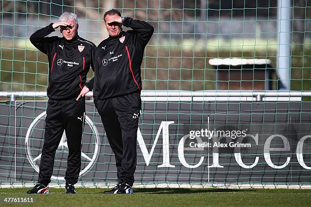 New head coach Huub Stevens and new assistant coach Armin Reutershahn of Stuttgart attend a training session at the club's training ground on March...