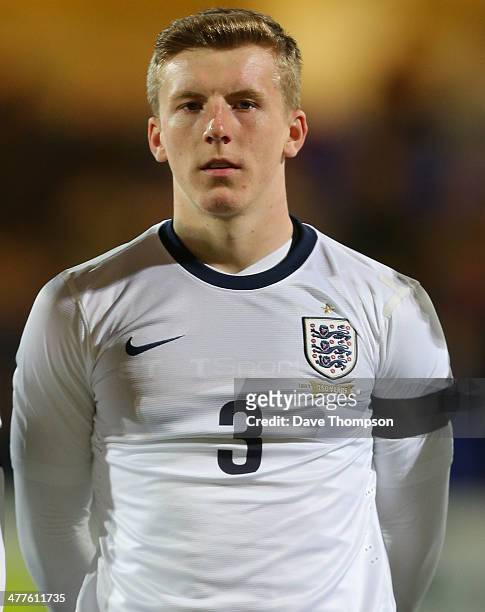 Matt Targett of England during the U19 International friendly match between England and Turkey at Swansway Chester Stadium on March 5, 2014 in...