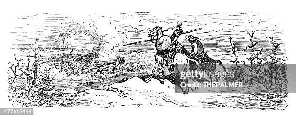 don quixote and sancho engraving - don quixote stock illustrations
