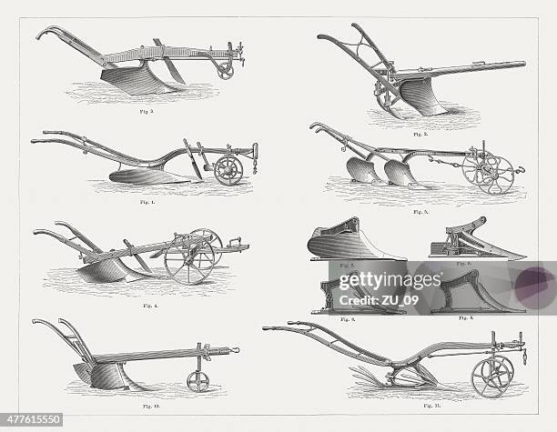 historical hand plows, wood engravings, published in 1877 - ancient plow stock illustrations