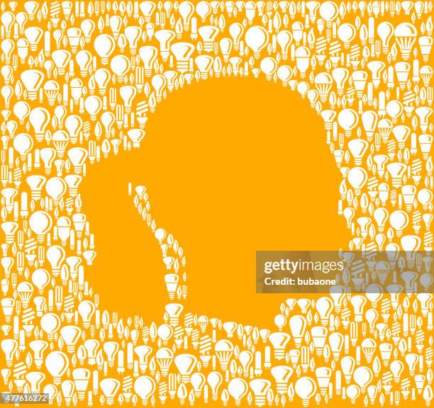 female profile on vector lightbulb pattern background - girl thinking white background stock illustrations