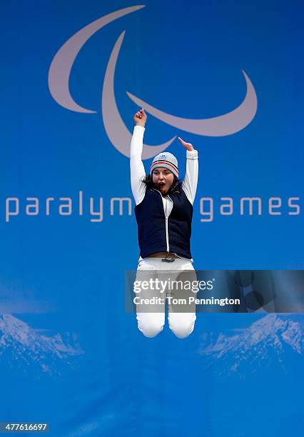 Gold medalist Marie Bochet of France celebrates during the medal ceremony for the Women's Super-G - Standing during day three of Sochi 2014...