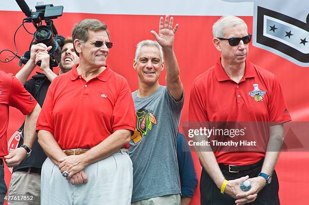 Chicago Blackhawks' owner Rocky Wirtz, Chicago Mayor Rahm Emanuel, and Blackhawks President John McDonough attend Chicago's Celebratory Parade &...