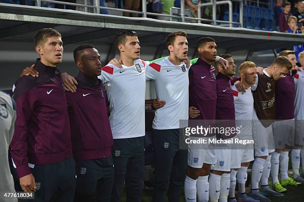 John Stones and Saido Berahino look on before the UEFA Under21 European Championship 2015 Group B match between England and Portugal at Mestsky...