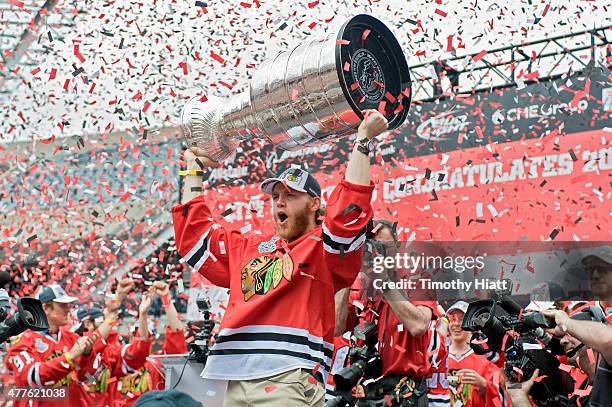 Patrick Kane attends Chicago's Celebratory Parade & Rally Honoring The 2015 Stanley Cup Champions, The Chicago Blackhawks on June 18, 2015 in...