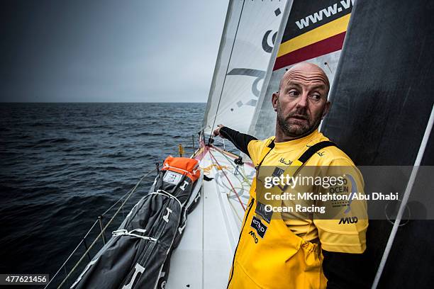 In this handout image provided by the Volvo Ocean Race, onboard Abu Dhabi Ocean Racing. Day 1. Ian Walker on the lookout for patches of seaweed that...