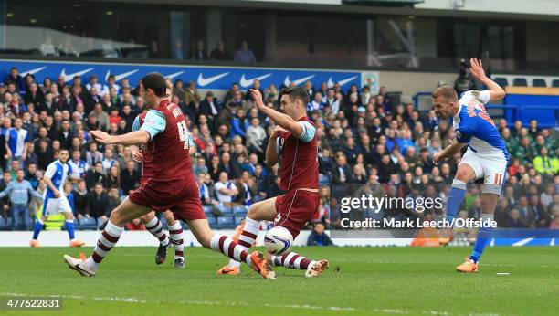 Jordan Rhodes of Blackburn scores their 1st goal during the Sky Bet Championship match between Blackburn Rovers and Burnley at Ewood Park on March 9,...