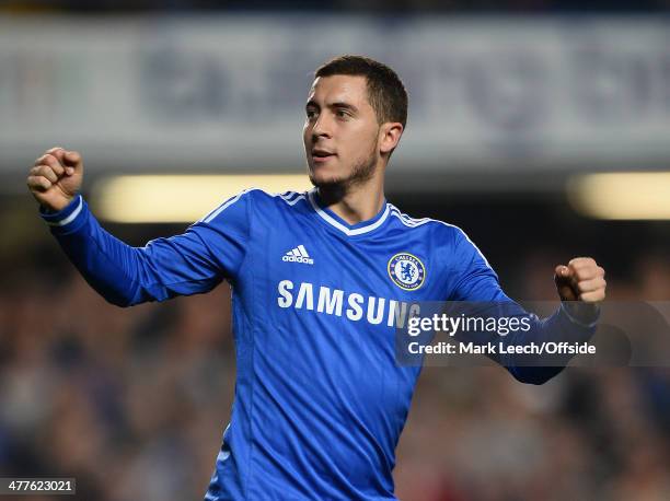 Eden Hazard of Chelsea celebrates scoring from the penalty spot during the Premier League match between Chelsea and Tottenham Hotspur at Stamford...