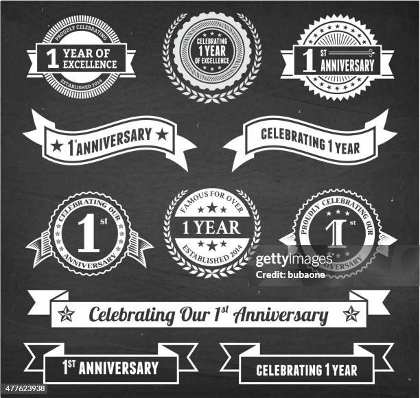 one year anniversary hand-drawn chalkboard royalty free vector background - number-one-black-background stock illustrations
